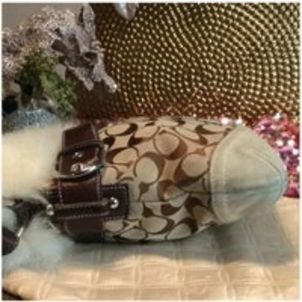 Like New Coach Signature Canvas Shearling Duffle Khaki Handbag Tote Bag Purse